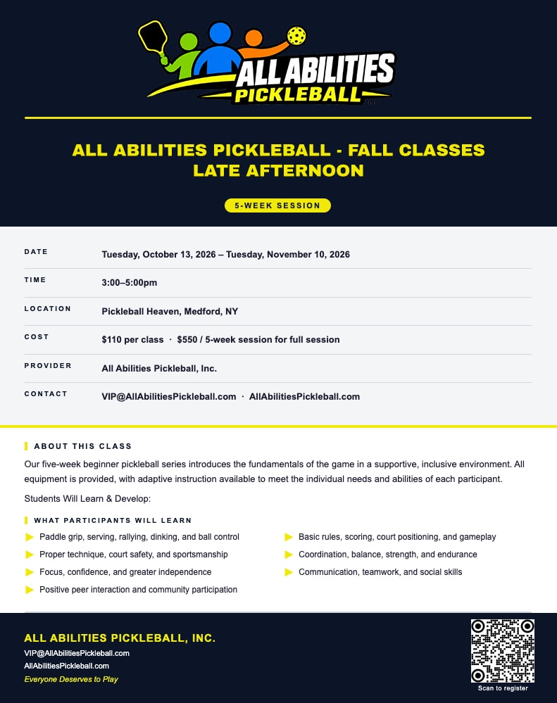 Flyer for Serve Up Pickleball - TUESDAY 2pm - MEDFORD, NY
