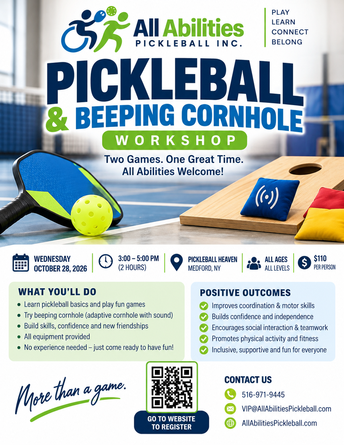 Flyer for Pickleball + Beeping Cornhole WORKSHOP