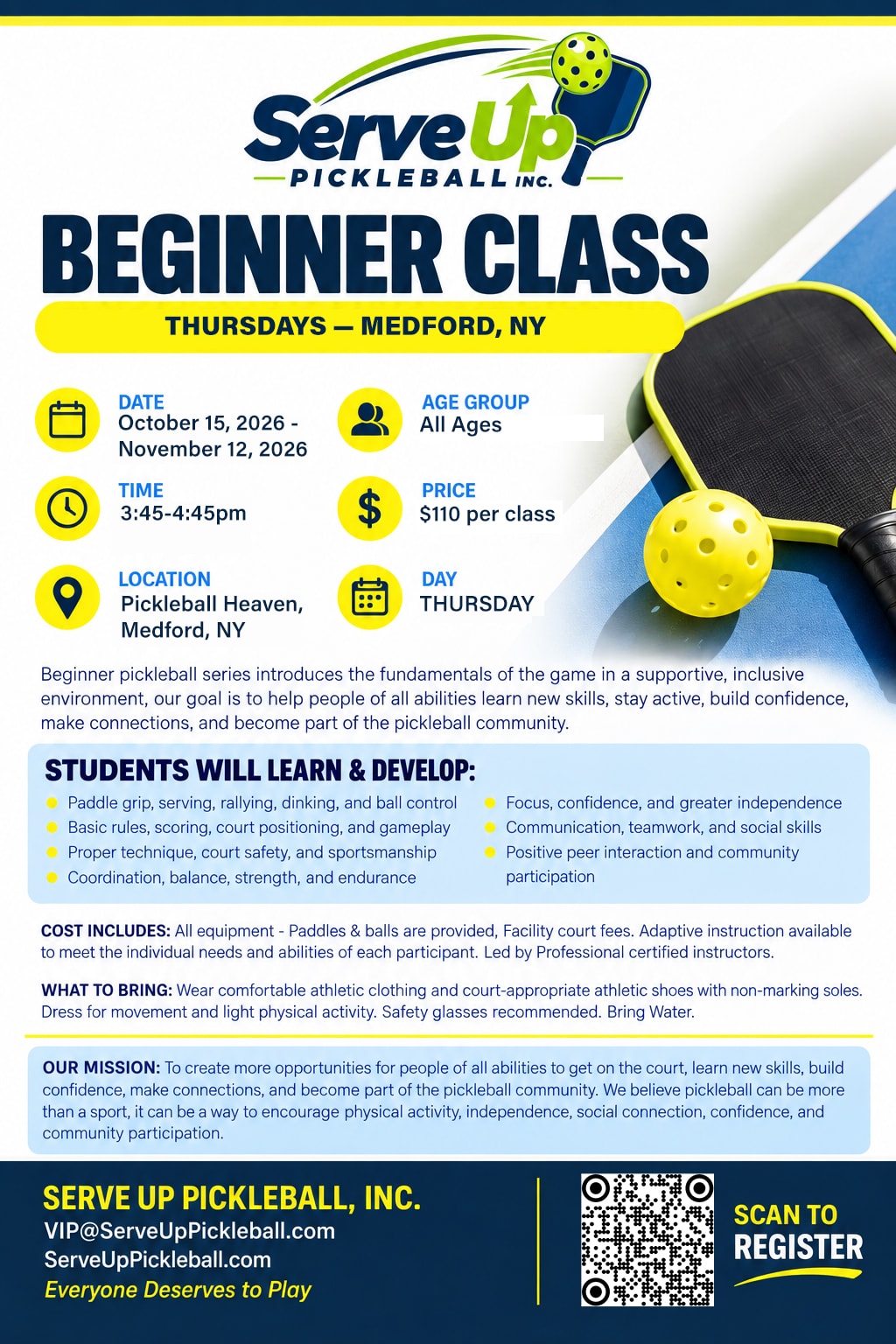 Flyer for Serve Up Pickleball — Beginner Class THURSDAY 3:30PM — MEDFORD, NY