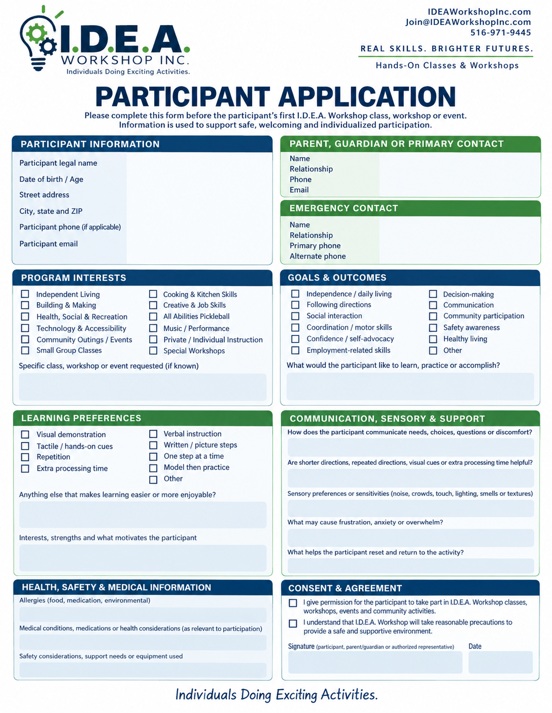 I.D.E.A. Workshop Inc. Participant Application form preview